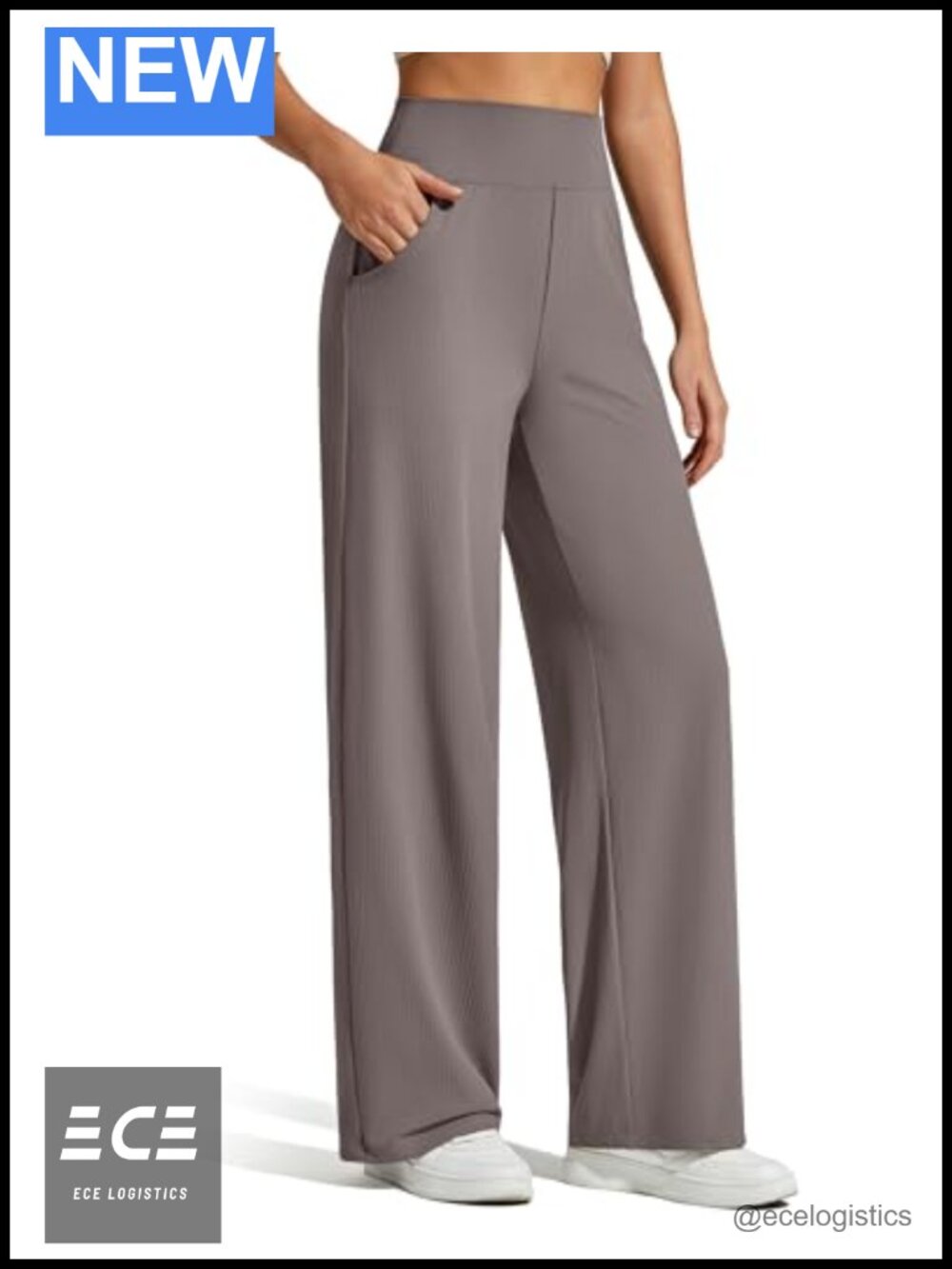 Ribbed Knit Wide Leg Yoga Pants High Waist Stretch Pockets
